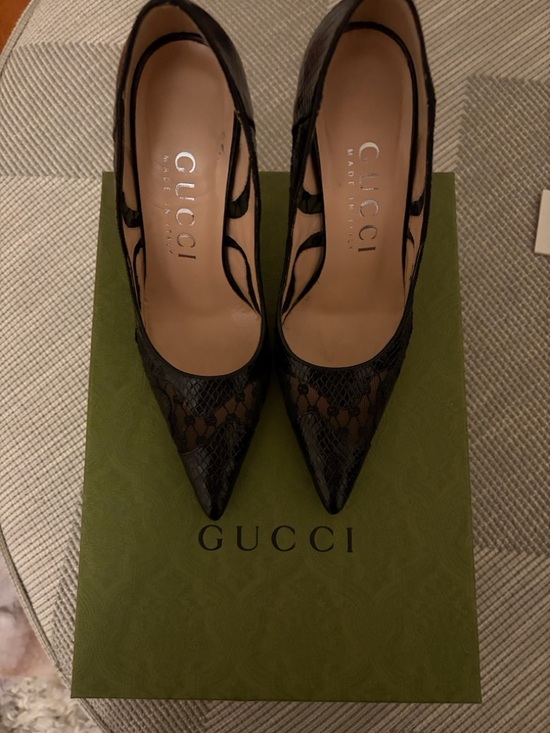 Gucci Shoes - Gucci Black Python Pointed Toe Lace/Mesh GG logo and Leather Pumps